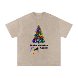 Make Christmas Gay Again light t-shirt with pink fade background and rainbow Christmas tree