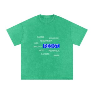 Resist dark t-shirt with blue RESIST text surrounded by racism misogyny MAGA bigotry xenophobia. Anti-MAGA resist shirt on dark background with bold political message