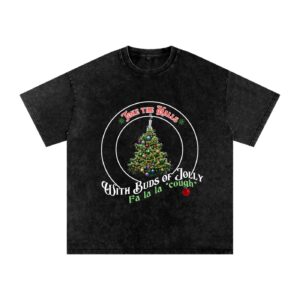 Toke the Halls 420 t-shirt with cannabis Christmas tree and buds of jolly on dark background