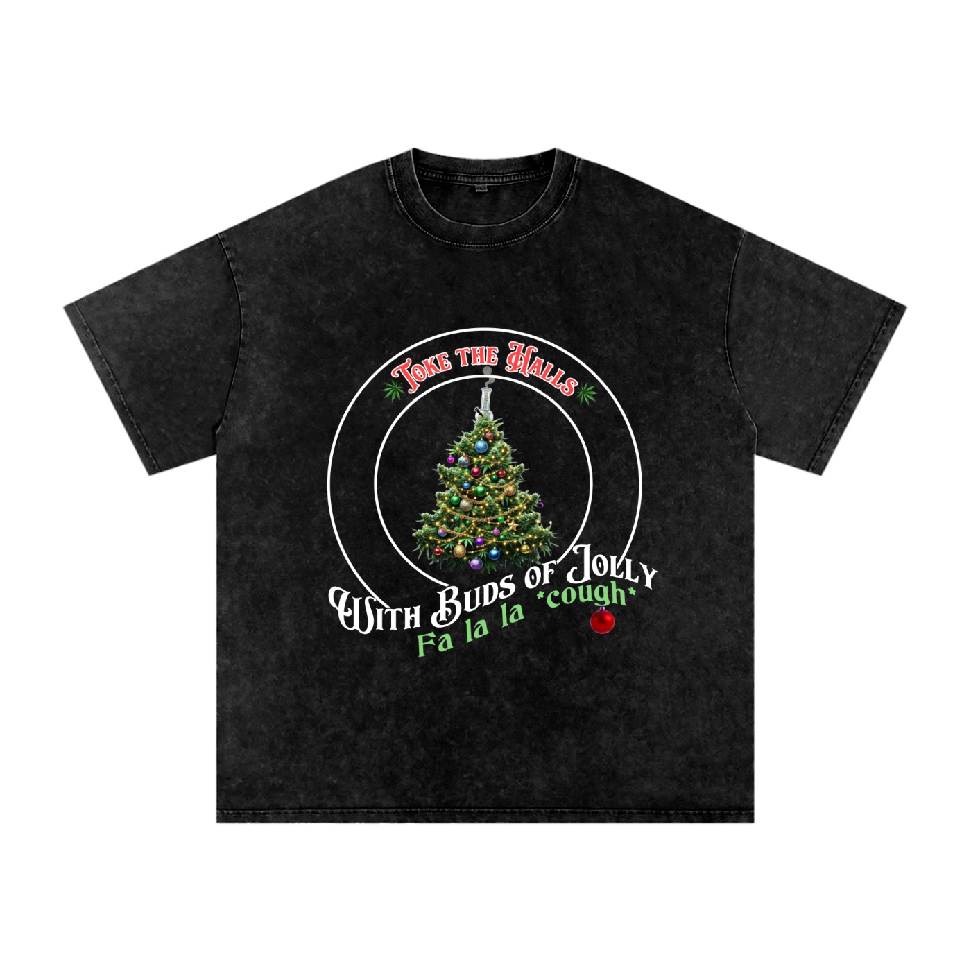 Toke the Halls 420 t-shirt with cannabis Christmas tree and buds of jolly on dark background