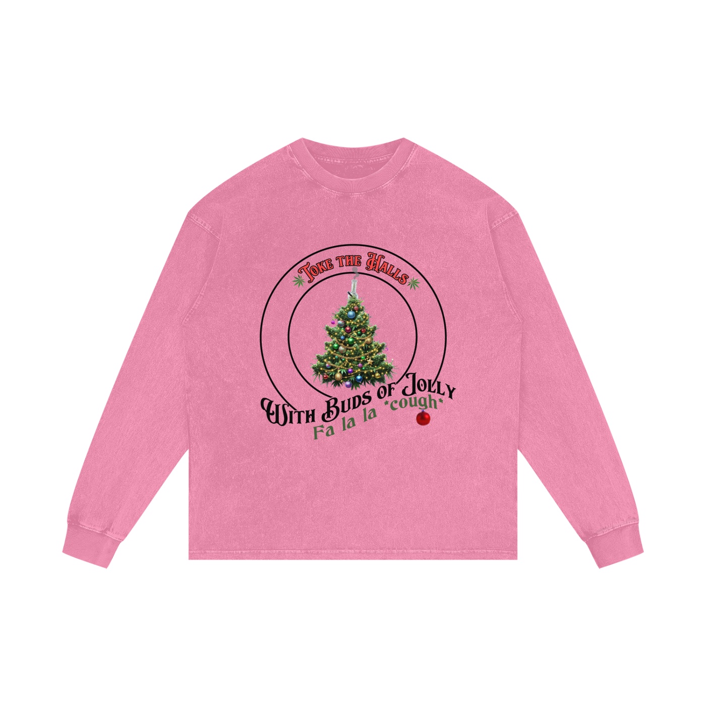 Toke the Halls 420 light long sleeve shirt with cannabis Christmas tree on soft pink background