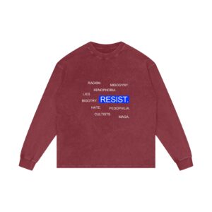 Resist dark long sleeve shirt with blue RESIST text and anti-bigotry message