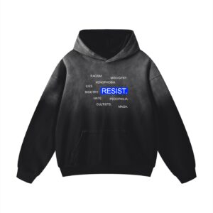 Resist dark hoodie with bold white text and blue RESIST on black background