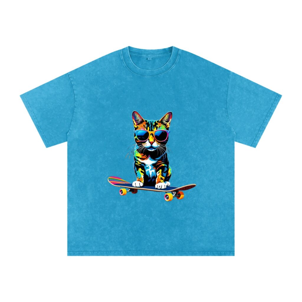 Pop art cat on skateboard t-shirt with psychedelic colors and sunglasses