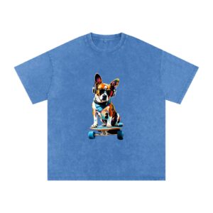 Skateboarding Dog T-shirt shown on blue