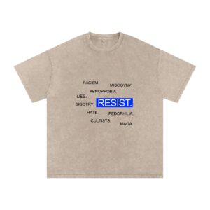 Resist light t-shirt with soft background and bold anti-MAGA message in black text