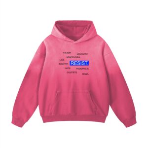 Resist light hoodie in exclusive pink sunfade with bold anti-MAGA message