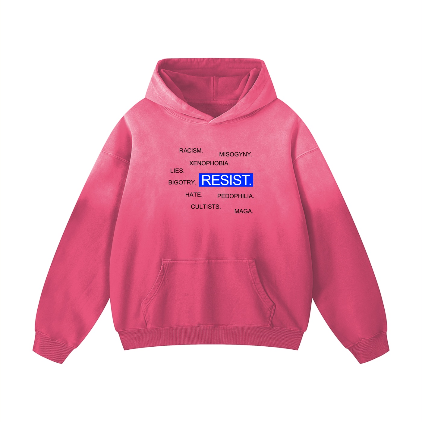 Resist light hoodie in exclusive pink sunfade with bold anti-MAGA message